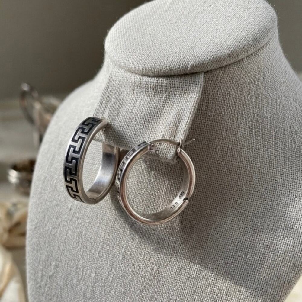 Vintage Greek Key 925 Sterling Silver Hoop Earrings